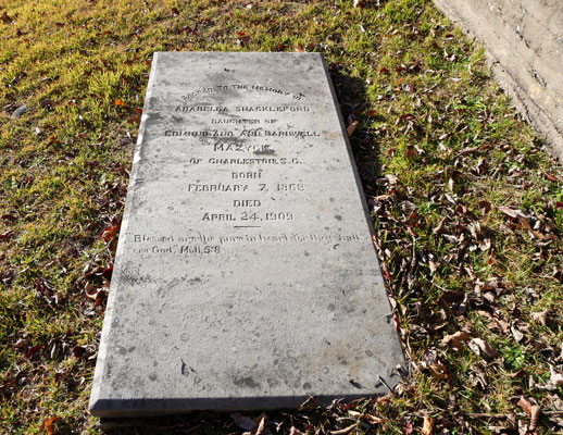 Arabella Shackleford Mazyck was an early Tryon settler from a distinguished Charleston family. The design of her burial vault is reminiscent of traditional burials in South Carolina.