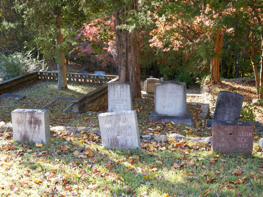 Early Tryon families from Detroit, the Pitkin sisters and the Van Buren siblings, are buried in proximity. Anna Pitkin and Amelia Van Buren both were artists from there. Pliny Van Buren was killed by a Southern Railway locomotive when he failed to hear a moving train near the Tryon depot.