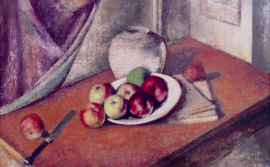 Cropped photo of Robert Lincoln Denison's oil painting called Still Life with Apples