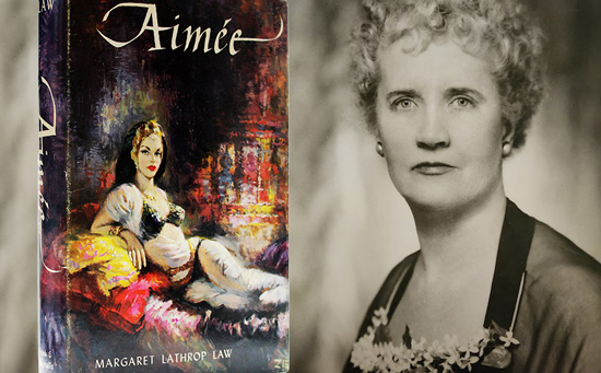 Cropped portrait of Margaret Lathrop Law and dust cover for her book Aimee