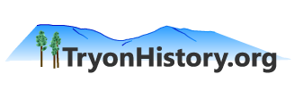 TryonHistory.org written out with shaded blue outline of Lake Lanier mountains and a few green and brown pine trees in the background.