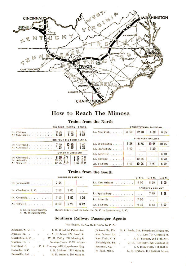 Tickets may be reserved in major cities at downtown agents. Pullman cars through to Tryon are boarded at Charleston, Louisville, Cincinnati and Washington.