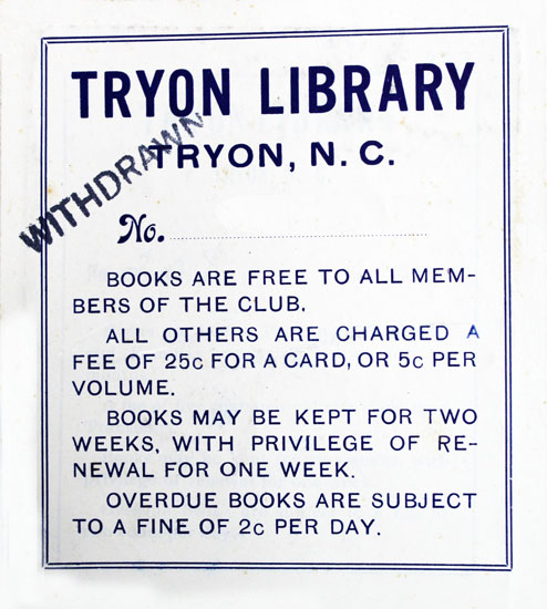 Early bookplate of The Lanier Club's Tryon Library